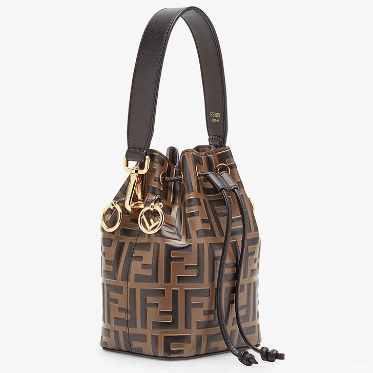 Affordable HOT Mon Mini In Leather Tresor FF Fendi Brown Calf Bag Motif Bucket 0801